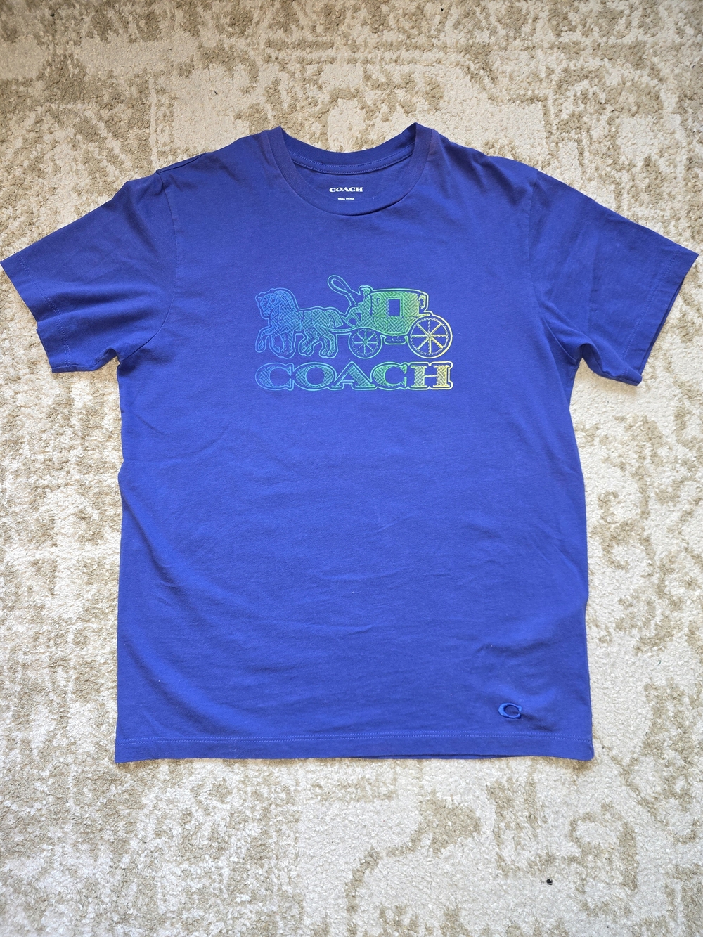 COACH C6936 Blue 100% Cotton T-Shirt Women's Small Horse & Carriage **Flaw**